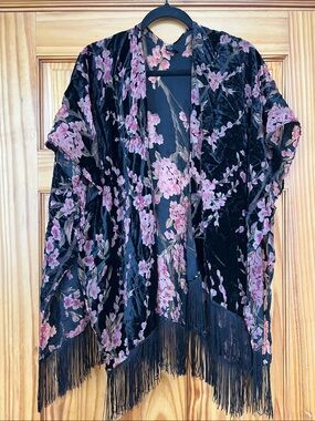 Lane Bryant Black Velvet Floral Fringe Kimono - Pink Floral